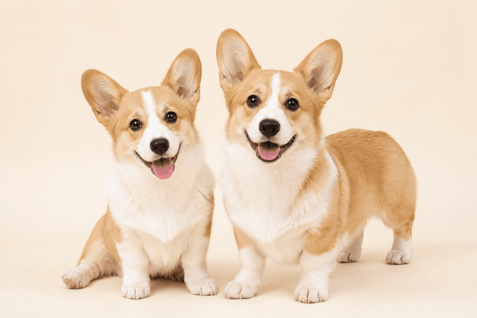 Two smiling Pembroke Welsh Corgis