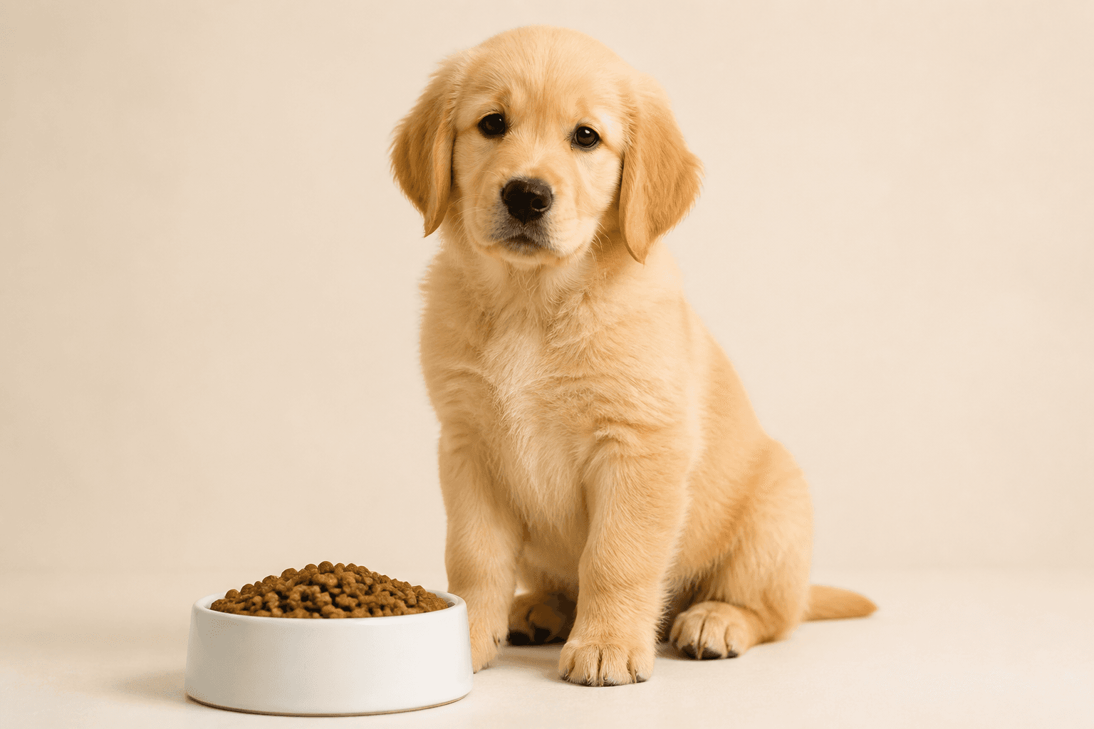 Golden retriever puppy sitting beside a food bowl